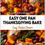 Golden roasted chicken baked with sweet potatoes, cranberries, and herbs on a Thanksgiving sheet pan dinner.